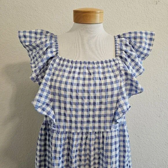 Calista Tiered Gingham Checked Midi Dress w/Pockets Blue Cottagecore Modest S - Picture 3 of 12